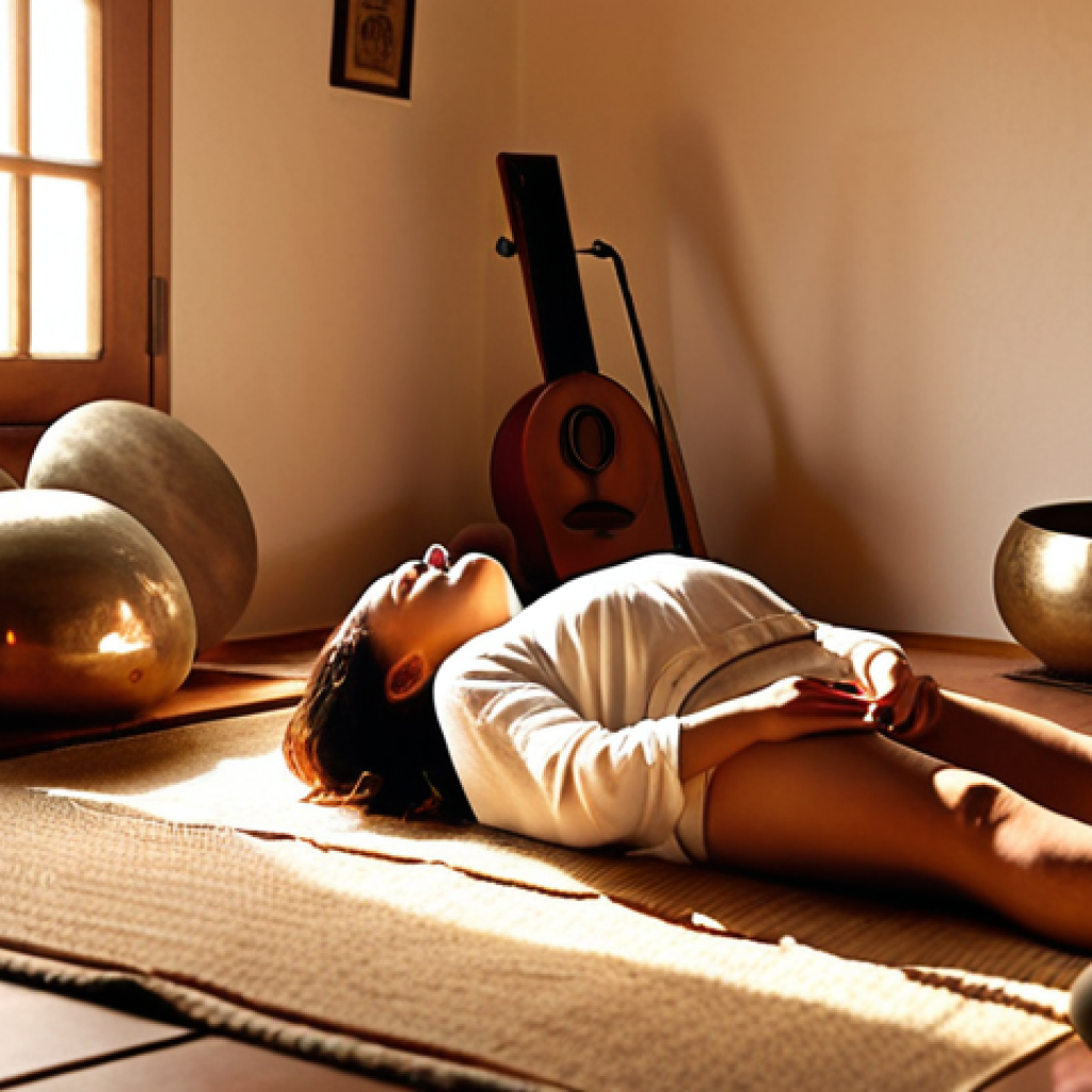 **A serene sound healing session:** A warmly lit room with a person lying comfortably on a mat, eyes closed, surrounded by various sound healing instruments like singing bowls and gongs. Soft, diffused light streams in, creating a peaceful atmosphere, with a sound therapist gently playing a crystal bowl.