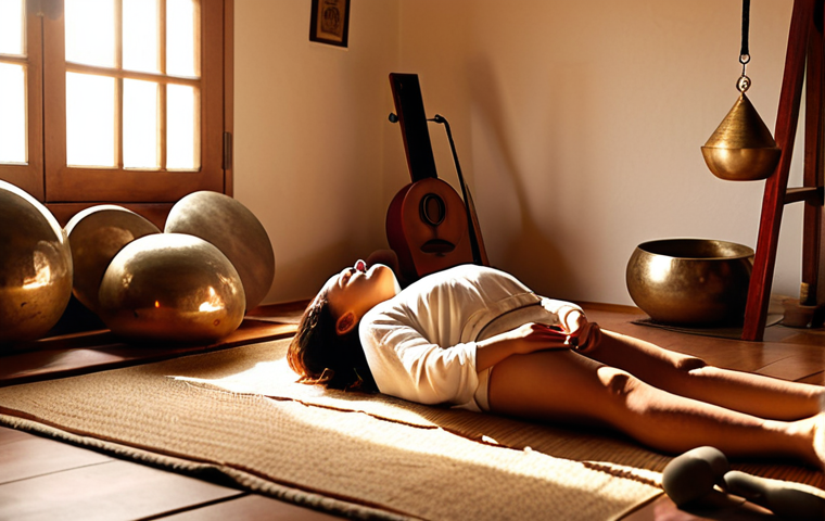**A serene sound healing session:** A warmly lit room with a person lying comfortably on a mat, eyes closed, surrounded by various sound healing instruments like singing bowls and gongs. Soft, diffused light streams in, creating a peaceful atmosphere, with a sound therapist gently playing a crystal bowl.