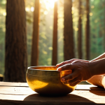 **Prompt:** A serene scene of a person meditating with a Tibetan singing bowl in their lap. The bowl is glowing with a warm, golden light, and the surrounding area is filled with soft, diffused light. The background should be a blurred image of a peaceful forest, emphasizing relaxation and healing.