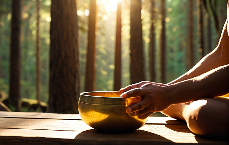 **Prompt:** A serene scene of a person meditating with a Tibetan singing bowl in their lap. The bowl is glowing with a warm, golden light, and the surrounding area is filled with soft, diffused light. The background should be a blurred image of a peaceful forest, emphasizing relaxation and healing.