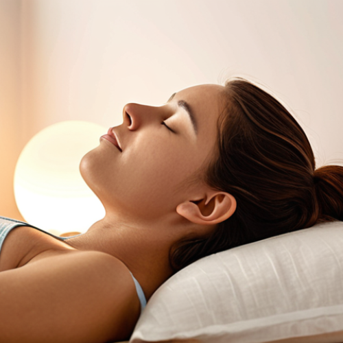 A person in a state of deep tranquility and inner peace, experiencing sound therapy. They are in a serene, minimalist setting, enveloped by soft, ambient light that subtly morphs to represent the flow of healing sound waves. The person has a calm, relaxed expression, possibly with eyes closed, conveying a sense of profound comfort and emotional release. Emphasize a peaceful atmosphere and a feeling of holistic well-being.